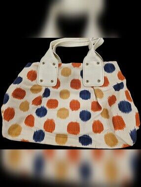 kate spade White Canvas Tote with Orange, Navy & Mustard Polka Dots